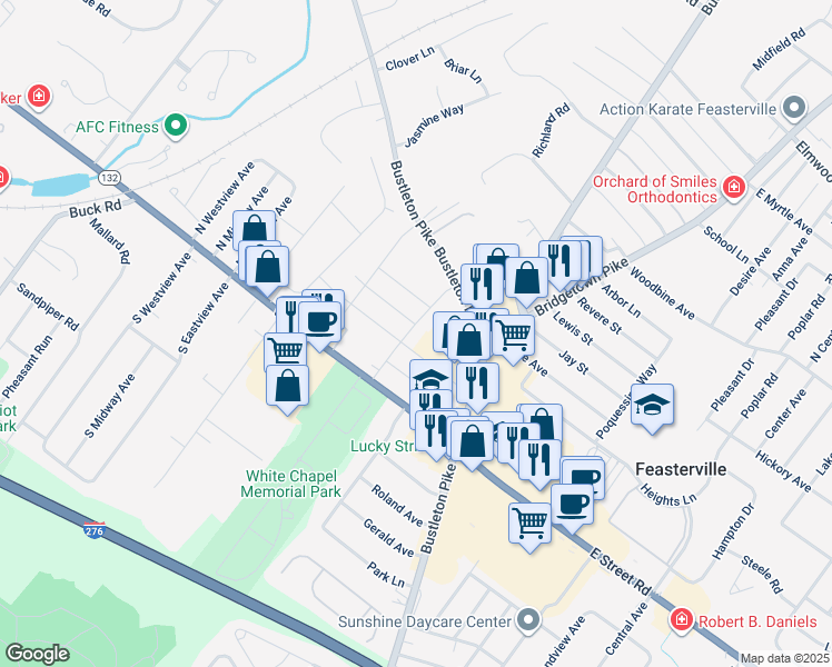 map of restaurants, bars, coffee shops, grocery stores, and more near 1111 Hoover Avenue in Feasterville-Trevose