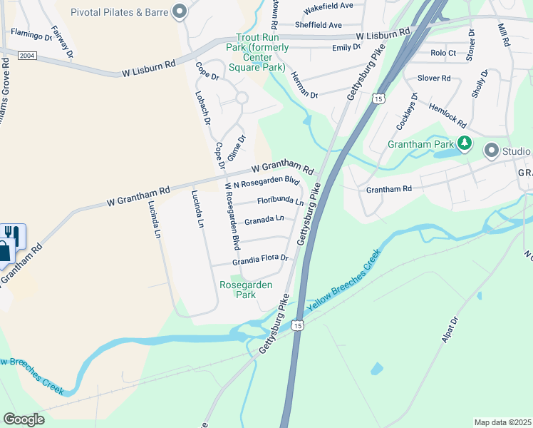 map of restaurants, bars, coffee shops, grocery stores, and more near 1110 Granada Lane in Mechanicsburg