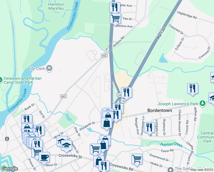 map of restaurants, bars, coffee shops, grocery stores, and more near 840 U.S. 206 in Bordentown