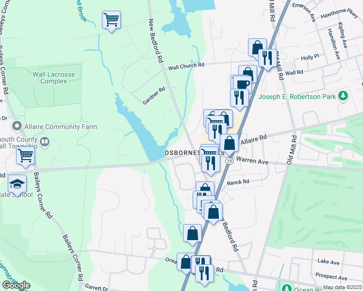 map of restaurants, bars, coffee shops, grocery stores, and more near 2600 Allaire Road in Wall Township