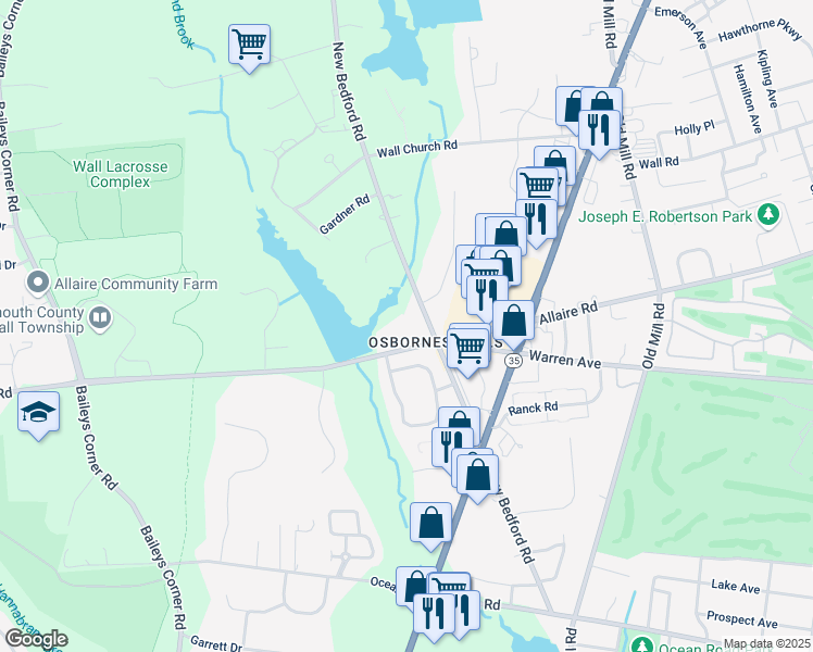 map of restaurants, bars, coffee shops, grocery stores, and more near 2600 Allaire Road in Wall Township