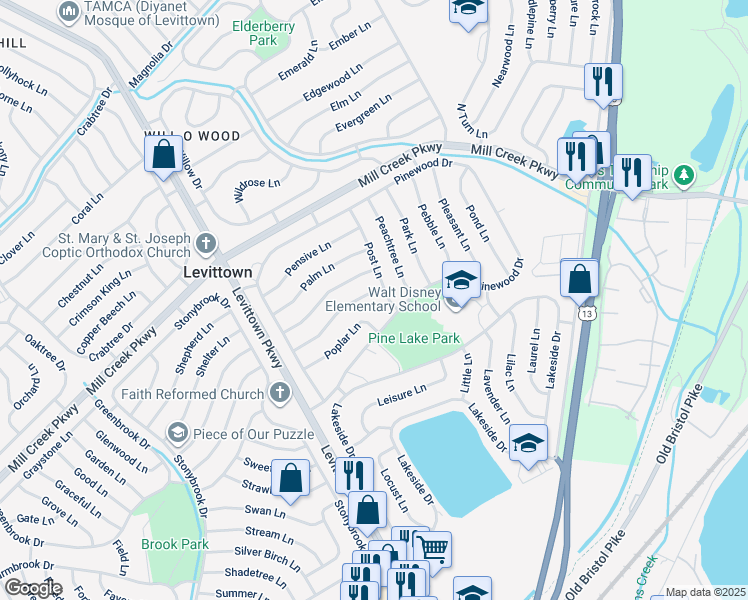 map of restaurants, bars, coffee shops, grocery stores, and more near 56 Primrose Lane in Levittown
