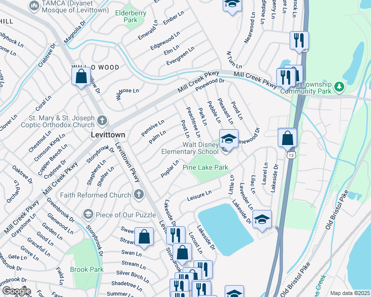 map of restaurants, bars, coffee shops, grocery stores, and more near 56 Primrose Lane in Levittown