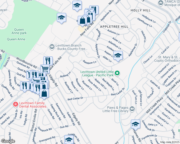 map of restaurants, bars, coffee shops, grocery stores, and more near 36 Ridge Lane in Levittown