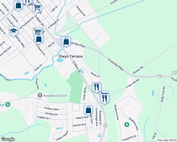 map of restaurants, bars, coffee shops, grocery stores, and more near 20 Parkside Drive in Manheim