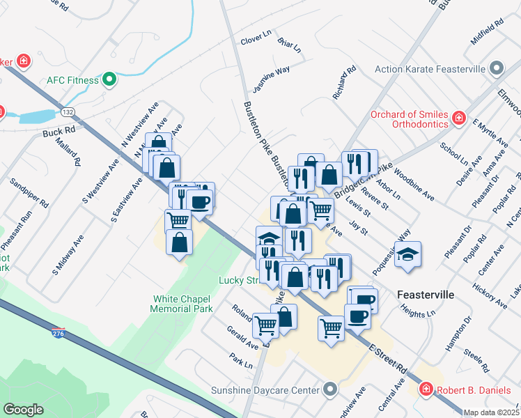 map of restaurants, bars, coffee shops, grocery stores, and more near 1111 Hoover Avenue in Feasterville-Trevose