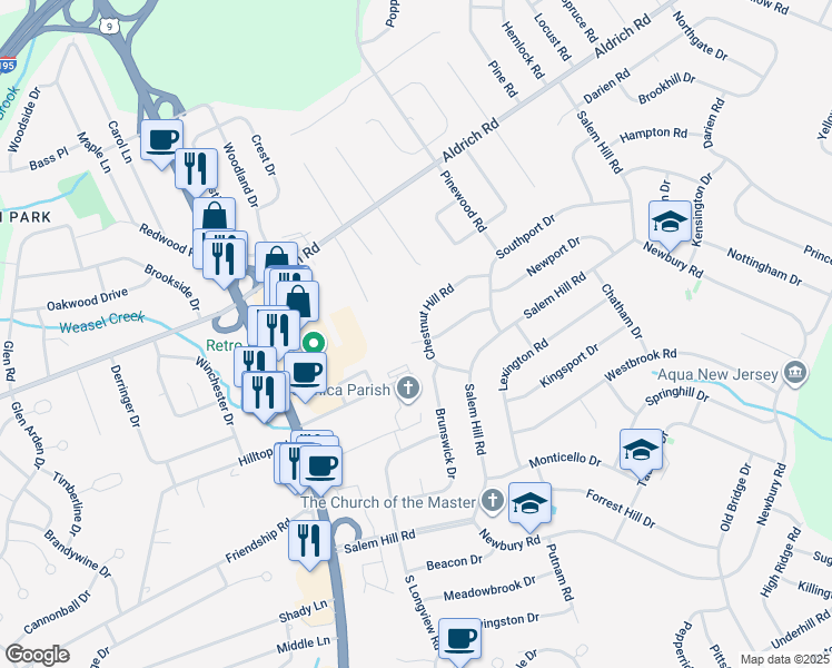 map of restaurants, bars, coffee shops, grocery stores, and more near 28 Chestnut Hill Road in Howell Township