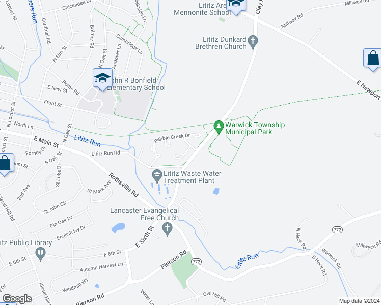 map of restaurants, bars, coffee shops, grocery stores, and more near 7 Sandstone Court in Lititz