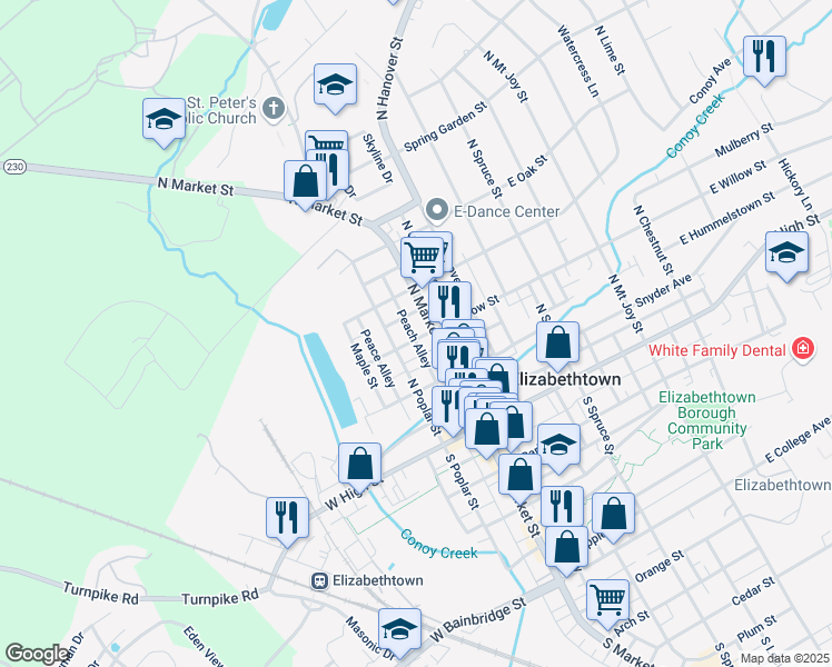 map of restaurants, bars, coffee shops, grocery stores, and more near 21 West Willow Street in Elizabethtown