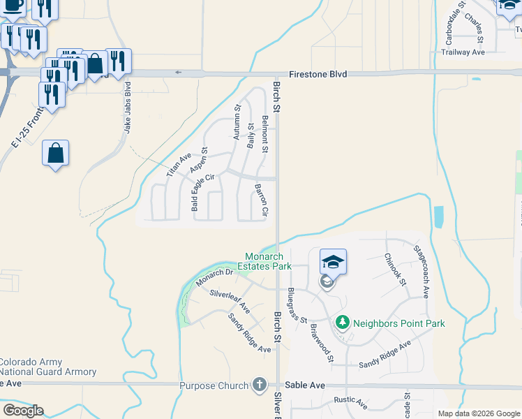 map of restaurants, bars, coffee shops, grocery stores, and more near 4924 Barron Circle in Longmont