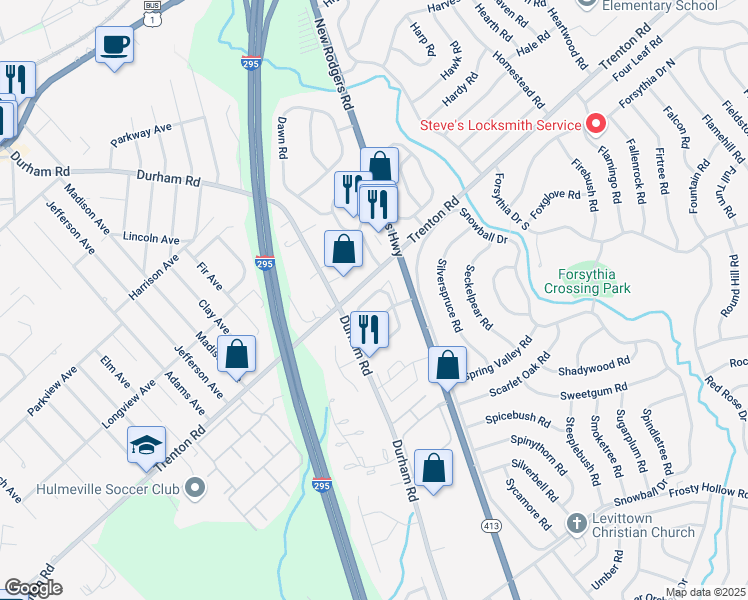 map of restaurants, bars, coffee shops, grocery stores, and more near 30 Bellaire Drive in Langhorne