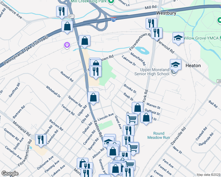 map of restaurants, bars, coffee shops, grocery stores, and more near 600 Patterson Avenue in Willow Grove