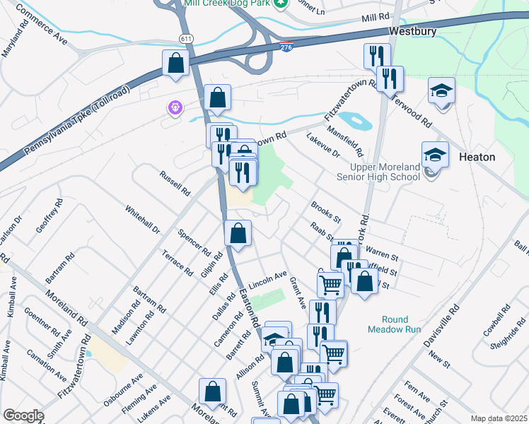 map of restaurants, bars, coffee shops, grocery stores, and more near 600 Patterson Avenue in Willow Grove