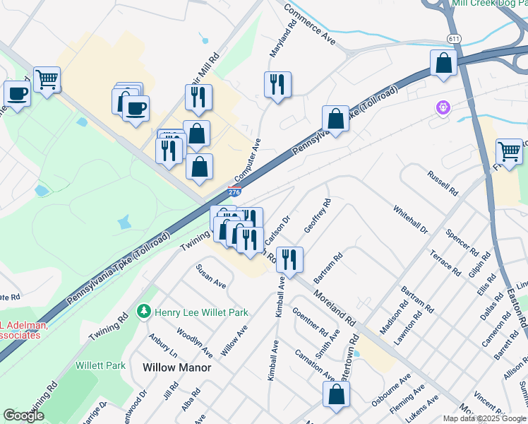 map of restaurants, bars, coffee shops, grocery stores, and more near 2040 Carlson Drive in Willow Grove