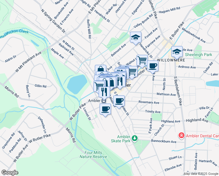 map of restaurants, bars, coffee shops, grocery stores, and more near 14 East Butler Avenue in Ambler