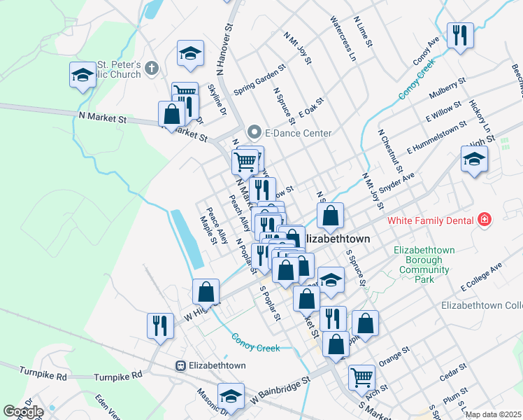 map of restaurants, bars, coffee shops, grocery stores, and more near 130 North Market Street in Elizabethtown