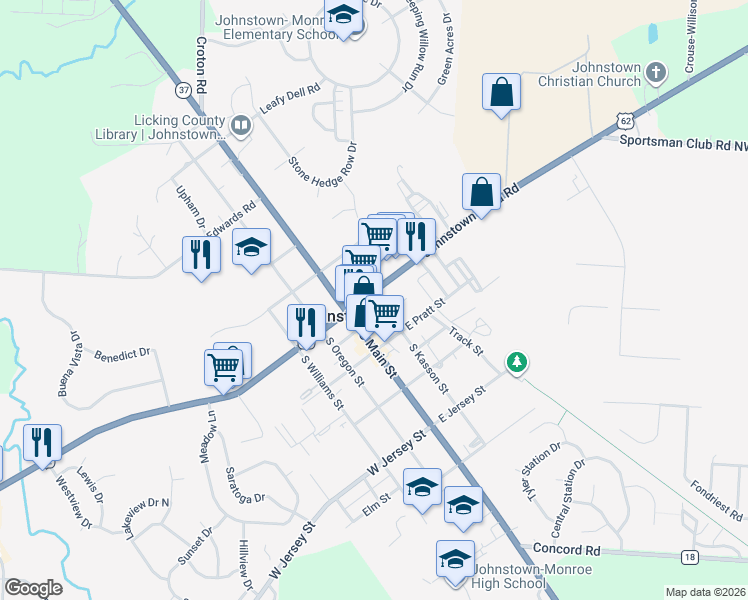 map of restaurants, bars, coffee shops, grocery stores, and more near 43 South Kasson Street in Johnstown