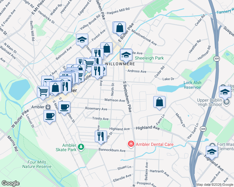 map of restaurants, bars, coffee shops, grocery stores, and more near 351 Mattison Avenue in Ambler