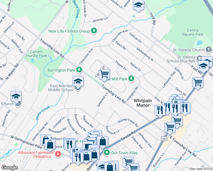 map of restaurants, bars, coffee shops, grocery stores, and more near 3117 Greenhill Lane in Norristown