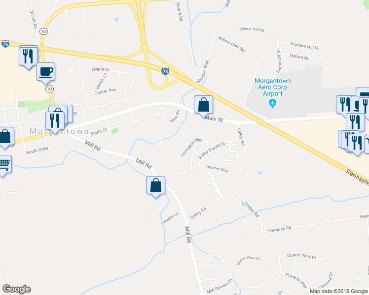 map of restaurants, bars, coffee shops, grocery stores, and more near 1501 Lexington Way in Morgantown