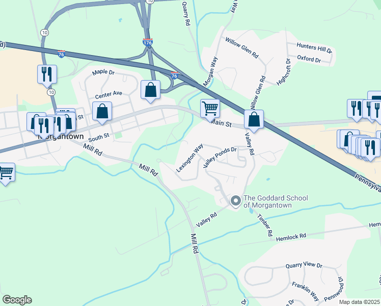 map of restaurants, bars, coffee shops, grocery stores, and more near 1501 Lexington Way in Morgantown