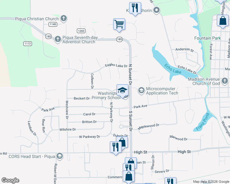map of restaurants, bars, coffee shops, grocery stores, and more near 507 North Parkway Drive in Piqua