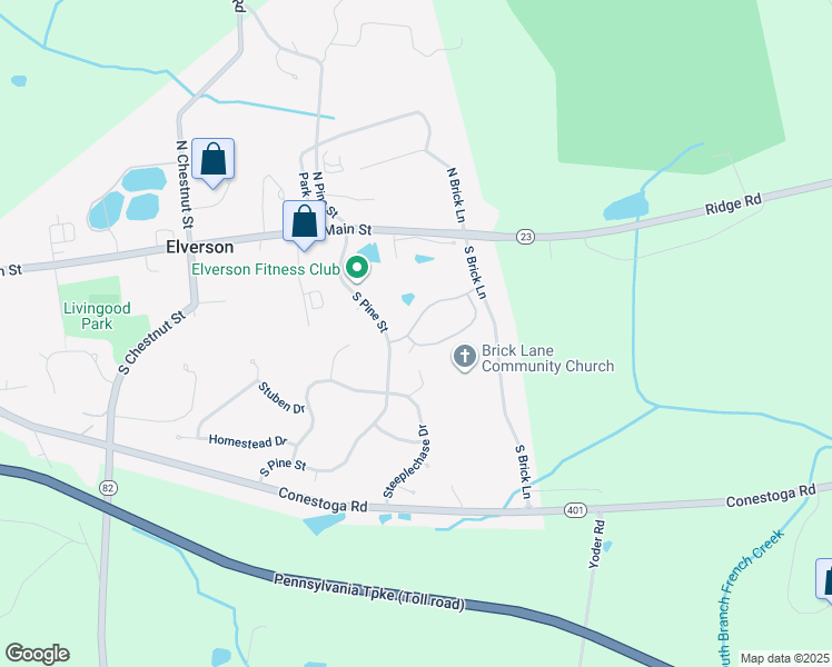 map of restaurants, bars, coffee shops, grocery stores, and more near 7 Churchill Drive in Elverson