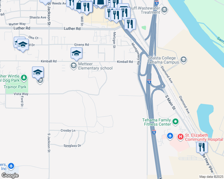 map of restaurants, bars, coffee shops, grocery stores, and more near 1755 Southridge Drive in Red Bluff