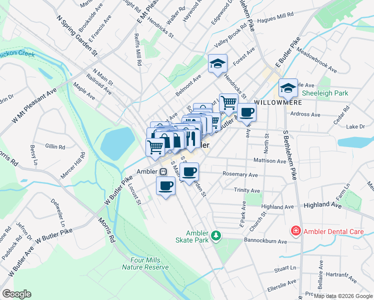 map of restaurants, bars, coffee shops, grocery stores, and more near 17 South Spring Garden Street in Ambler
