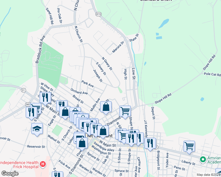 map of restaurants, bars, coffee shops, grocery stores, and more near 592 North Geary Street in Mount Pleasant