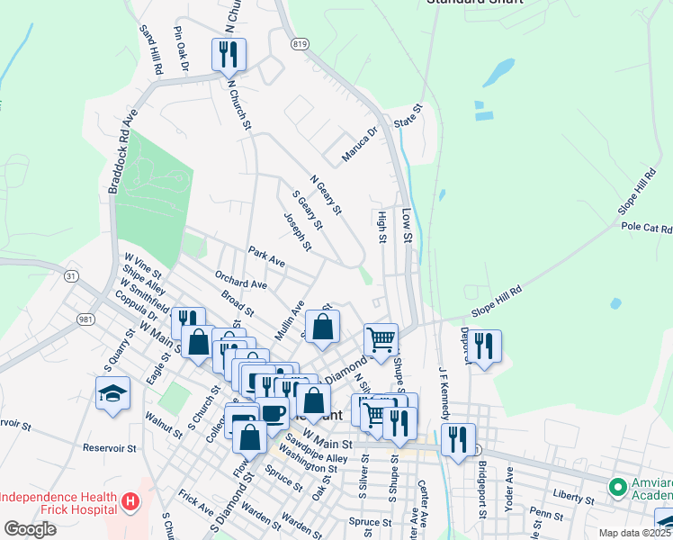 map of restaurants, bars, coffee shops, grocery stores, and more near 592 North Geary Street in Mount Pleasant