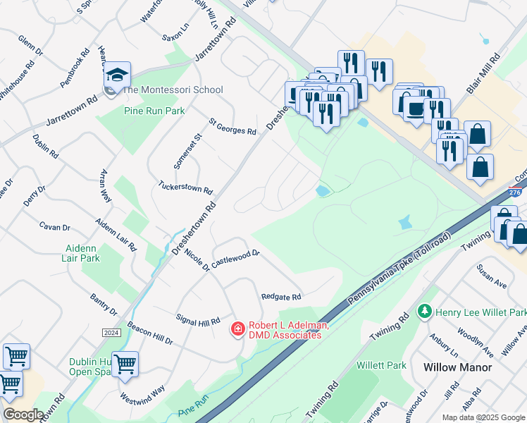 map of restaurants, bars, coffee shops, grocery stores, and more near 353 Dryden Road in Montgomery County