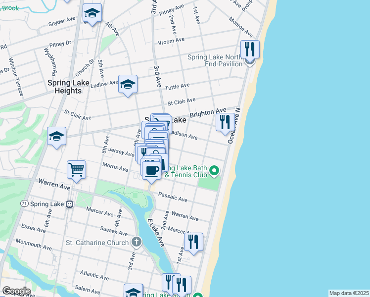 map of restaurants, bars, coffee shops, grocery stores, and more near 111 Washington Avenue in Spring Lake