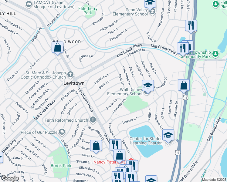 map of restaurants, bars, coffee shops, grocery stores, and more near 41 Poplar Lane in Levittown