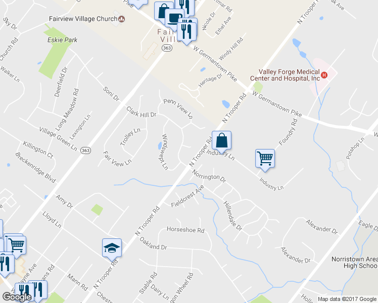 map of restaurants, bars, coffee shops, grocery stores, and more near 2002 Archer Court in Norristown