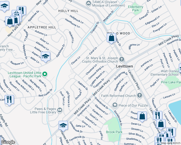 map of restaurants, bars, coffee shops, grocery stores, and more near 24 Chestnut Lane in Levittown