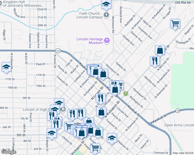 map of restaurants, bars, coffee shops, grocery stores, and more near 622 North Kankakee Street in Lincoln