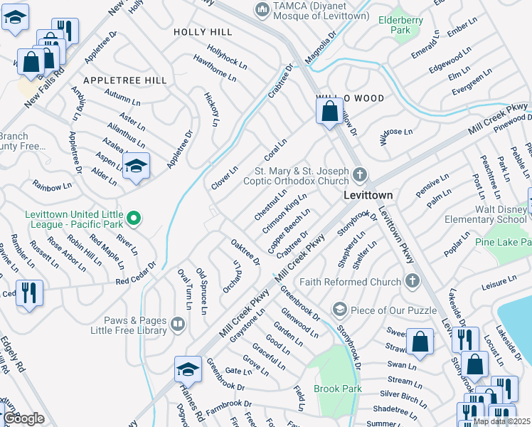 map of restaurants, bars, coffee shops, grocery stores, and more near 24 Chestnut Lane in Levittown