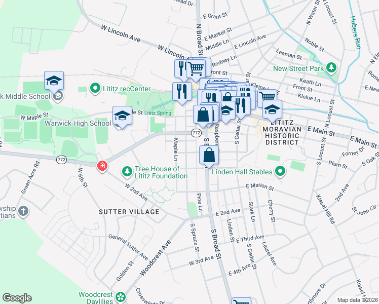map of restaurants, bars, coffee shops, grocery stores, and more near 112 Pine Lane in Lititz