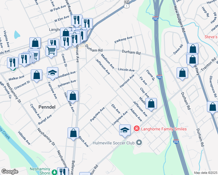 map of restaurants, bars, coffee shops, grocery stores, and more near 544 Jefferson Avenue in Langhorne
