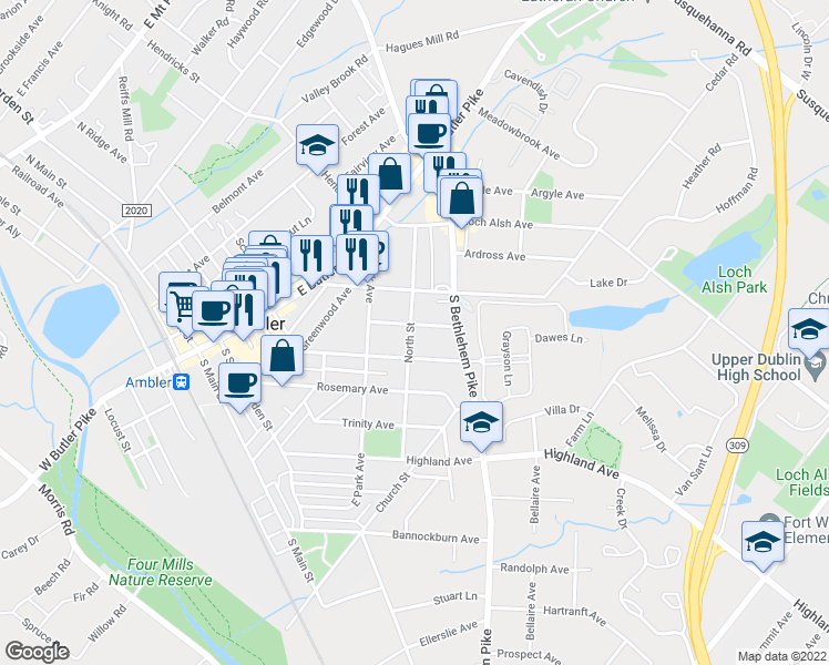 map of restaurants, bars, coffee shops, grocery stores, and more near 141 North Street in Ambler