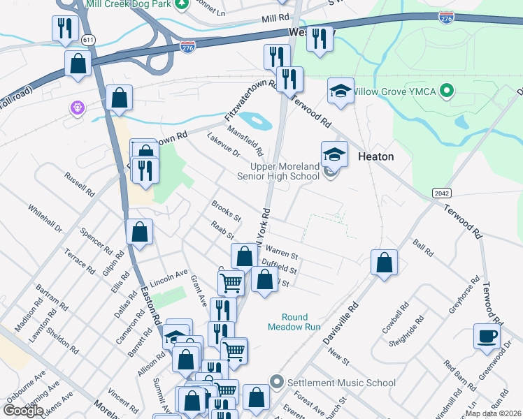 map of restaurants, bars, coffee shops, grocery stores, and more near 604 Beechwood Road in Willow Grove