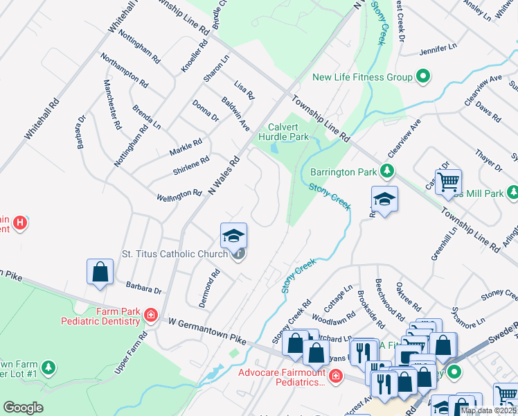 map of restaurants, bars, coffee shops, grocery stores, and more near 606 Stony Way in Norristown