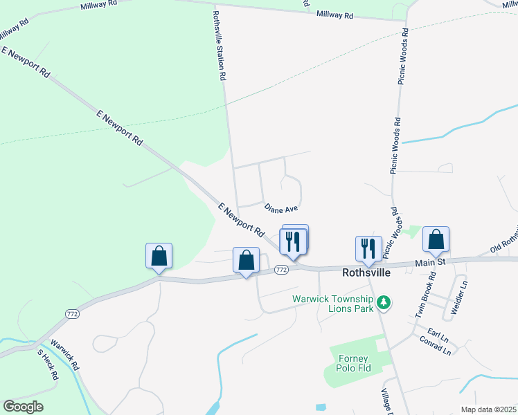 map of restaurants, bars, coffee shops, grocery stores, and more near 6 Robert Road in Lititz