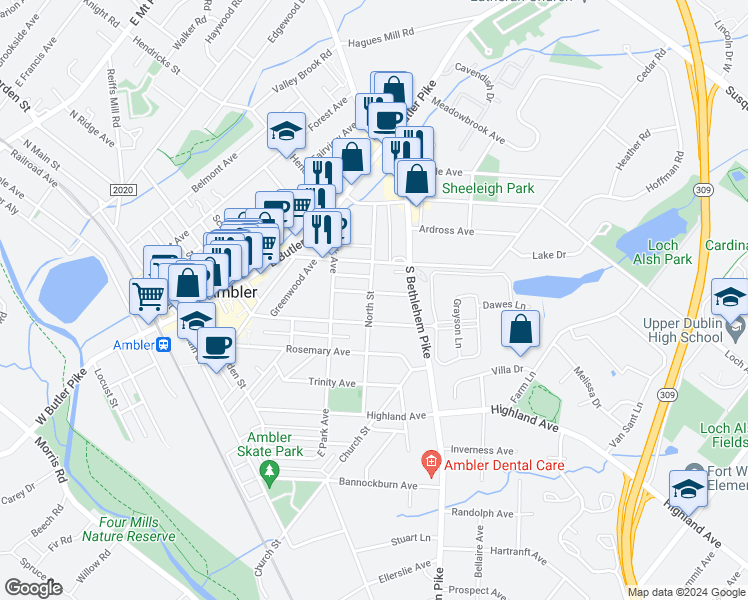 map of restaurants, bars, coffee shops, grocery stores, and more near 332 Euclid Avenue in Ambler