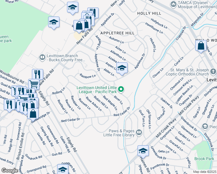 map of restaurants, bars, coffee shops, grocery stores, and more near 61 River Lane in Levittown