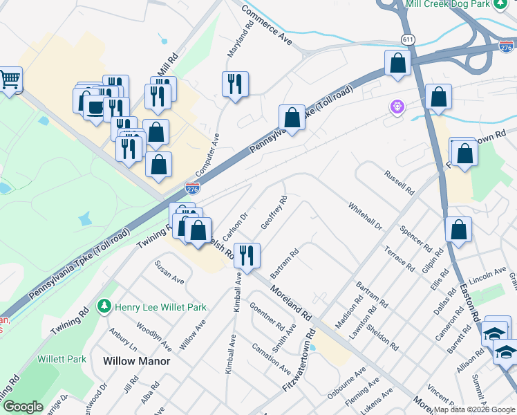 map of restaurants, bars, coffee shops, grocery stores, and more near 2150 Carlson Drive in Willow Grove