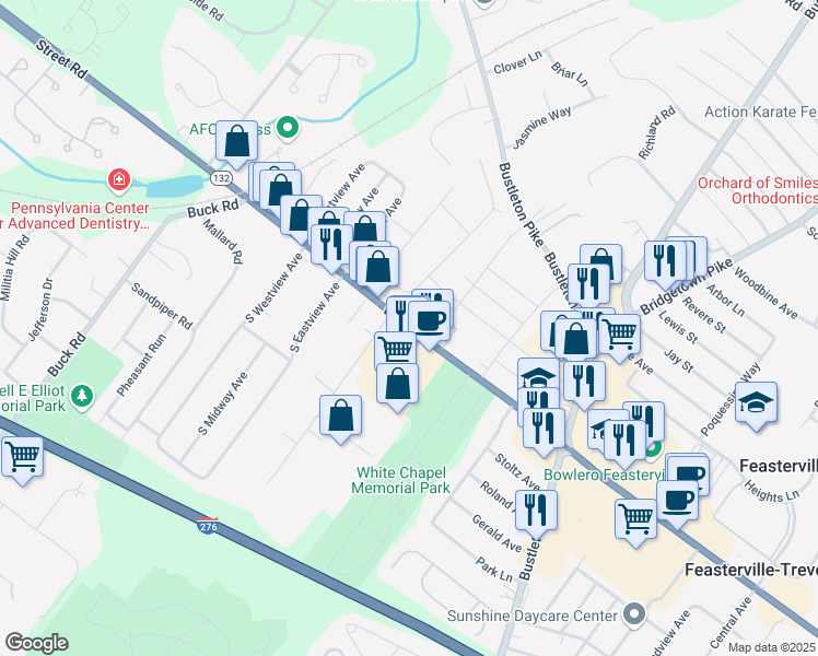 map of restaurants, bars, coffee shops, grocery stores, and more near 100 East Street Road in Feasterville-Trevose