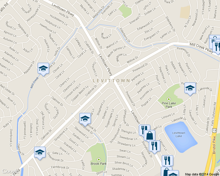 map of restaurants, bars, coffee shops, grocery stores, and more near 392 Stonybrook Dr in Levittown