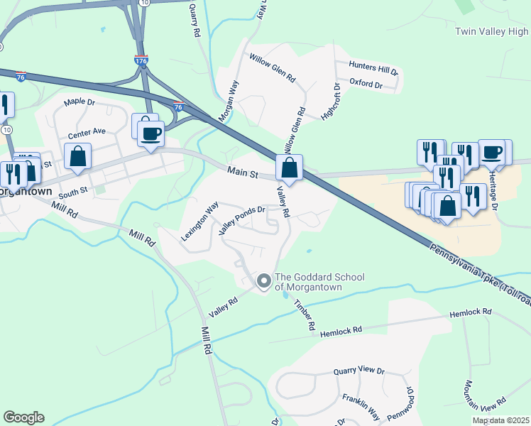 map of restaurants, bars, coffee shops, grocery stores, and more near 100 Country Lane in Morgantown